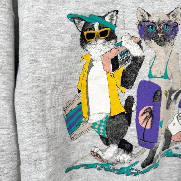 Vintage '90s Cute Cat Kitten Sweatshirt size large cats beach pool sunglasses *r - Picture 4 of 15